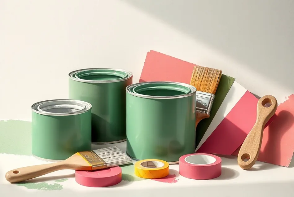 Pots de peinture, nuancier, brosses et rouleaux disposés à plat