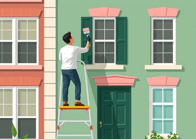 Peintre sur échafaudage traitant la façade d'une maison
